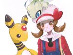  1girl ampharos blue_overalls blush_stickers bow brown_eyes brown_hair cabbie_hat celebi chome_(meme_chon) gen_2_pokemon hat hat_bow highres long_hair looking_down lyra_(pokemon) mythical_pokemon on_head pokemon pokemon_(creature) pokemon_(game) pokemon_hgss pokemon_on_head red_bow red_shirt shirt smile twintails white_headwear yellow_bag 