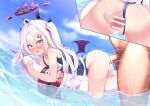  1boy 1girl afloat ahoge antenna_hair anus artist_name ass bangs bar_censor bare_arms bare_legs blue_archive blue_sky blue_swimsuit blush censored clothed_sex clothing_aside cloud commentary_request demon_girl demon_horns demon_wings eyebrows_visible_through_hair feet_out_of_frame from_behind frown gmkj hair_ornament hairclip hetero hina_(blue_archive) horns innertube lifebuoy long_hair looking_at_another lying multiple_horns name_tag ocean old on_stomach on_water penis purple_eyes pussy pussy_juice school school_swimsuit sex sex_from_behind sidelocks sky speed_lines swimsuit trembling water wavy_mouth white_hair wings 
