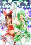  2girls \m/ adapted_costume armpits bangs benikurage_(cookie) breasts brown_eyes brown_hair checkered checkered_neckwear commentary_request cookie_(touhou) detached_sleeves eyebrows_visible_through_hair foot_out_of_frame frilled_hair_tubes frills frog_hair_ornament green_eyes green_hair green_neckwear hair_ornament hair_tubes hakurei_reimu heart heart_in_mouth highres holding_hands idol kochiya_sanae large_breasts leg_lift long_hair looking_at_viewer midriff miniskirt multiple_girls navel necktie one_eye_closed open_mouth otemoto_(baaaaloooo) parted_bangs paseri_(cookie) red_ribbon red_shirt ribbon ribbon-trimmed_legwear ribbon-trimmed_sleeves ribbon_trim sarashi sharp_teeth shirt sidelocks skirt sleeveless sleeveless_shirt small_breasts smile snake_hair_ornament sparkle symmetrical_pose teeth thighhighs touhou v white_legwear yellow_neckwear 