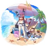  1girl absurdres alchemy_stars alternate_costume ankle_cuffs beach beach_towel beach_umbrella belt belt_buckle bottle breasts buckle bush chair cherry_blossoms chibi choker cleavage closed_mouth cloud cocktail_umbrella coconut cooler crab deck_chair dragon english_commentary flower full_body hat hawaiian_shirt hibiscus highres hiiro_(alchemy_stars) innertube jewelry kerosene_lamp long_hair looking_at_viewer medium_breasts navel necklace palm_tree pink_hair sandals scrunchie seashell shade shell shirt shore shorts sidelocks sikugi smile solo standing sun_hat sunglasses table tied_shirt towel tree umbrella water water_bottle weapon_bag white_background white_shorts wrist_scrunchie 