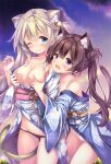  2girls :d animal_ear_fluff animal_ears bangs bare_shoulders bell between_legs black_panties blonde_hair blue_eyes blue_kimono blush breast_grab breasts brown_hair cat_ears cat_girl cat_tail cleavage closed_mouth cloud commentary_request double_bun eyebrows_visible_through_hair floral_print grabbing grabbing_from_behind groin hair_bell hair_between_eyes hair_ornament highres japanese_clothes jingle_bell kimono long_hair medium_breasts multiple_girls obi off_shoulder one_eye_closed open_mouth original outdoors panties panty_pull print_kimono purple_eyes ryo_(botugo) sash sky smile sunset tail tail_between_legs twintails underwear very_long_hair white_kimono white_panties yuri 