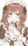  1girl bangs blush breasts brown_hair cleavage commission eyebrows_visible_through_hair finger_to_own_chin frills highres hiro_(hirohiro31) long_hair looking_at_viewer maid maid_headdress medium_breasts original scoop_neck skeb_commission solo upper_body 