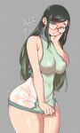  1girl :o agawa_ryou artist_name bangs bare_shoulders blush breasts clothes_pull commentary covered_navel covered_nipples cowboy_shot dated dress dress_pull english_commentary eyebrows_visible_through_hair glasses green_dress green_hair grey_background groin hand_on_own_face large_breasts long_hair looking_at_viewer microdress numbered open_mouth original puffy_nipples ribbed_dress see-through_dress sideboob sidelocks simple_background skindentation sleeveless solo swept_bangs thick_thighs thighs turtleneck yellow_eyes 
