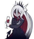  1boy alcohol bangs bini_(xocolatl_501) black_jacket black_neckwear black_pants collared_shirt colored_inner_hair commentary_request cosplay cowboy_shot crown cup danganronpa_(series) danganronpa_2:_goodbye_despair drinking_glass formal gloves hair_between_eyes helltaker holding holding_cup horns jacket kamukura_izuru long_hair long_sleeves looking_at_viewer lucifer_(helltaker) lucifer_(helltaker)_(cosplay) multicolored_hair necktie pants red_eyes red_hair red_shirt shirt solo suit transparent_background very_long_hair white_gloves white_hair white_horns wine wine_glass 