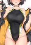  1girl ass_visible_through_thighs azur_lane baltimore_(azur_lane) bikini black_gloves black_hair black_jacket bob_cut breasts competition_swimsuit covered_navel cowboy_shot facing_viewer gloves halcon head_out_of_frame highleg highleg_bikini highleg_swimsuit highres jacket large_breasts one-piece_swimsuit open_mouth partially_fingerless_gloves short_hair simple_background solo standing swimsuit white_background 