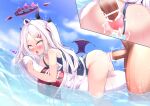  1boy 1girl afloat ahegao ahoge antenna_hair anus artist_name ass bangs bar_censor bare_arms bare_legs blue_archive blue_sky blue_swimsuit blush censored clothed_sex clothing_aside cloud commentary_request cum demon_girl demon_horns demon_wings eyebrows_visible_through_hair feet_out_of_frame from_behind frown gmkj hair_ornament hairclip hetero hina_(blue_archive) horns innertube lifebuoy long_hair lying multiple_horns name_tag ocean old on_stomach on_water penis prolapse purple_eyes pussy pussy_juice school school_swimsuit sex sex_from_behind sidelocks sky swimsuit tongue tongue_out trembling uterine_prolapse water white_hair wings 