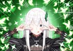  absurdres black_dress breasts bug butterfly butterfly_hair_ornament cleavage dress echidna_(re:zero) emotional_engine_-_full_drive hair_ornament highres insect one_eye_closed re:zero_kara_hajimeru_isekai_seikatsu romulproduce tongue tongue_out white_eyelashes white_hair 
