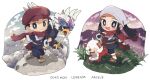  1boy 1girl :d akari_(pokemon) black_hair black_undershirt blush bright_pupils brown_footwear chibi clenched_hand copyright_name eyelashes floating_scarf grass hat head_scarf hinata_(pkmmmmmkrouhami) hisuian_braviary hisuian_form hisuian_growlithe holding holding_poke_ball jacket loose_socks open_mouth pants poke_ball poke_ball_(legends) pokemon pokemon_(creature) pokemon_(game) pokemon_legends:_arceus red_headwear red_scarf rei_(pokemon) sash scarf shoes short_hair smile standing symbol-only_commentary tongue undershirt white_headwear white_legwear white_pupils 