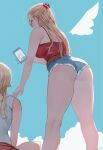  2girls ass bare_arms bare_legs bare_shoulders belt blonde_hair blue_eyes blue_shorts brown_belt cellphone drawn_wings from_behind fur-trimmed_shorts fur_trim highres holding holding_phone kneepits long_hair multiple_girls original phone red-framed_eyewear red_shirt ryusei_hashida shirt short_shorts shorts smartphone standing strapless strapless_shirt sunglasses white_shirt 