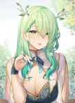  1girl branch breasts cepelav ceres_fauna cleavage flower green_hair green_nails hair_flower hair_ornament highres hololive hololive_english large_breasts long_hair mole mole_under_eye twitter_username virtual_youtuber yellow_eyes 