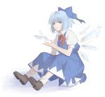  1girl bangs blue_dress blue_eyes blue_hair bow brown_footwear cirno collared_shirt commentary_request dress from_side hair_bow hand_up highres ice ice_wings invisible_chair looking_at_viewer neck_ribbon puffy_short_sleeves puffy_sleeves red_ribbon ribbon shirt shoes short_hair short_sleeves sitting smile socks solo tanu0706 teeth touhou wings 