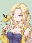 1girl abi_mmo bird blonde_hair blue_eyes breasts celes_chere cleavage closed_mouth cropped_jacket dress final_fantasy final_fantasy_vi hair_ornament long_hair simple_background smile solo 