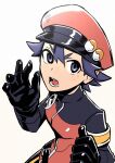  1girl black_gloves blue_eyes blue_hair breasts gloves hat highres looking_at_viewer mole mole_under_eye open_mouth pokemon pokemon_(game) pokemon_masters_ex pokemon_ranger_(pokemon) riku_(ukir125) short_hair simple_background solo 