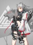  1girl absurdres animal_ears arknights arrow_(projectile) bangs black_gloves black_shirt black_shorts breasts cat_ears cat_girl cat_tail cleavage closed_mouth fingerless_gloves gabafw gloves grey_hair hair_between_eyes highres holding holding_crossbow holding_weapon jacket long_hair long_sleeves looking_at_viewer navel panther_ears panther_tail ponytail quiver schwarz_(arknights) see-through see-through_jacket shirt shorts solo tail trigger_discipline weapon yellow_eyes 