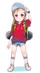 1girl arm_up baseball_cap blue_shorts blush brown_hair closed_mouth forehead full_body hand_on_headwear hat highres hood hood_down hoodie long_hair low_twintails meito_(maze) original puffy_short_sleeves puffy_sleeves red_eyes red_hoodie ribbed_legwear shoes short_shorts short_sleeves shorts skateboard smile socks solo standing twintails v-shaped_eyebrows white_footwear white_headwear white_legwear 