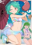  &gt;_&lt; 2girls adapted_costume bikini blue_flower blue_hair blue_sarong blush boots closed_mouth commentary day flower green_hair highres holding holding_umbrella karakasa_obake kochiya_sanae long_hair multiple_girls navel one_eye_closed open_mouth puuakachan rainbow_print red_eyes sarong short_hair smile striped striped_bikini swimsuit tatara_kogasa tongue tongue_out touhou umbrella white_bikini 