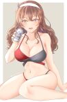  1girl alcohol ashigara_(kancolle) beer beer_can bikini breasts brown_background brown_eyes can headband highres kantai_collection large_breasts long_hair looking_at_viewer rirurun. signature smile swimsuit wavy_hair 
