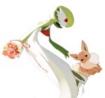  1girl :&lt; apios1 bangs bent_over black_eyes blank_eyes blush bob_cut bouquet closed_mouth colored_skin commentary dutch_angle ear_blush eevee eye_contact flat_chest flower fluffy full_body gardevoir gen_1_pokemon gen_3_pokemon green_hair green_skin hair_flower hair_ornament happy highres holding holding_bouquet light_blush looking_at_another looking_down looking_up multicolored multicolored_skin nose_blush pokemon pokemon_(creature) purple_flower red_eyes red_flower short_hair simple_background sitting sketch smile standing two-tone_skin white_background white_skin 