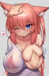  1girl ;) animal_ear_fluff animal_ears arms_behind_back bare_shoulders blue_eyes breast_grab breasts clothes_pull collarbone english_commentary eyes_visible_through_hair gesture grabbing hair_between_eyes headpat heart highres kaptivate lactation large_breasts long_hair multicolored multicolored_eyes one_eye_closed orange_hair original purple_eyes red_hair see-through_shirt shirt shirt_pull sidelocks smile solo taut_clothes taut_shirt tight upper_body very_long_hair 