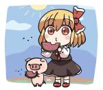  1girl bangs black_skirt black_vest blonde_hair blue_sky bow cloud eyebrows_visible_through_hair food fruit full_body hair_bow holding holding_food o3o outdoors pig red_bow red_eyes red_footwear red_neckwear rokugou_daisuke rumia short_hair skirt sky spitting standing sun touhou touhou_cannonball vest watermelon white_legwear 