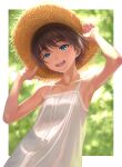  1girl :d aqua_eyes armpits arms_up backlighting bangs bare_arms bare_shoulders blurry blurry_background border brown_hair buttons collarbone commentary_request dress eyebrows_visible_through_hair hands_on_headwear hat highres idolmaster idolmaster_(classic) kikuchi_makoto lace-trimmed_dress lace_trim lipstick looking_at_viewer makeup nekopuchi open_mouth outside_border pink_lips short_hair sleeveless sleeveless_dress smile solo straw_hat sundress upper_body upper_teeth white_border white_dress yellow_headwear 