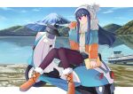  1girl absurdres bangs blue_hair boots border closed_mouth coat commentary_request cup day eyebrows_visible_through_hair fur-trimmed_boots fur_trim ground_vehicle hat highres holding holding_cup knit_hat lake leggings long_hair long_sleeves looking_at_viewer motor_vehicle mount_fuji mountainous_horizon outdoors outside_border pinky_out pleated_skirt purple_eyes scarf scooter shima_rin sidelocks sitting skirt smile solo wen_hao_lai white_border winter_clothes winter_coat yamaha yamaha_vino yurucamp 