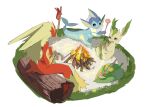  1boy apios1 bag berry_(pokemon) bird_boy blaziken blonde_hair blue_eyes body_fur burning campfire claws closed_mouth colored_sclera commentary crying fang fire full_body gen_1_pokemon gen_3_pokemon gen_4_pokemon grass highres injury leaf leafeon leppa_berry log long_hair looking_at_another lying mago_berry magost_berry male_focus nervous on_back on_side open_mouth orange_eyes outdoors pokemon pokemon_(creature) red_fur sitrus_berry sitting skewer spread_legs stick sweat tail tears vaporeon wavy_mouth yellow_fur yellow_sclera 