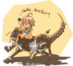  ahoge arknights blonde_hair happy highres jacket mayer_(arknights) meeboo_(arknights) open_mouth orange_jacket otter_tail riding_machine tail thighhighs waving_arm 