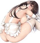  1girl apron ass back back_bow bangs banned_artist bare_shoulders blush bow breasts brown_hair closed_mouth elbow_gloves fay_(fay_axl) frilled_apron frills from_behind frown gloves highres knees_up large_breasts long_hair looking_at_viewer looking_back naked_apron original purple_eyes sideboob simple_background sitting solo swept_bangs thighhighs white_apron white_background white_bow white_gloves white_legwear 