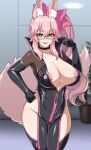  1girl animal_ear_fluff animal_ears areola_slip areolae bangs black_bodysuit blush bodysuit bow breasts center_opening choker cleavage covered_nipples fate/grand_order fate_(series) fox_ears fox_girl fox_tail glasses hair_between_eyes hair_bow hip_vent koyanskaya_(fate) large_breasts long_hair looking_at_viewer muta_poo open_mouth pink_bow pink_hair ponytail sidelocks smile solo tail tamamo_(fate) thighs yellow_eyes 