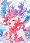  1girl animal_ears ayasaka_saaya bare_shoulders bird_ears blue_background blue_feathers blue_nails blush choker closed_eyes commentary_request fingernails harpy highres long_fingernails long_hair monster_girl music open_mouth original red_choker red_feathers red_hair singing solo winged_arms wings 