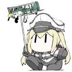  1girl aircraft airplane black_footwear black_gloves blonde_hair capelet celtic_knot chibi fi_167 gloves graf_zeppelin_(kancolle) hat holding kantai_collection long_hair miniskirt no_mouth peaked_cap pleated_skirt shoes simple_background skirt solo stick task_(s_task80) twintails walking white_background white_capelet |_| 