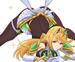  1girl arm_rest ass bangs bare_shoulders black_legwear blonde_hair breasts chest_jewel cleavage dress earrings eyebrows_visible_through_hair flexible full_body gloves highres jack-o&#039;_challenge jewelry large_breasts long_hair looking_at_viewer meme mythra_(massive_melee)_(xenoblade) mythra_(xenoblade) pantyhose simple_background solo spread_legs super_smash_bros. swept_bangs tiara top-down_bottom-up truejekart very_long_hair white_background wide_spread_legs xenoblade_chronicles_(series) xenoblade_chronicles_2 yellow_eyes 