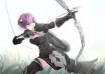  1girl aiming alternate_costume archery armor arrow_(projectile) bangs belt bernadetta_von_varley boots bow_(weapon) breasts brown_eyes cleavage_cutout clothing_cutout commentary_request eyebrows_visible_through_hair famo faulds fire_emblem fire_emblem:_three_houses fur-trimmed_gloves fur_trim gloves gorget grass hair_between_eyes hair_ornament highres medium_breasts open_mouth pauldrons purple_hair quiver short_hair shoulder_armor solo thigh_boots thighhighs weapon zettai_ryouiki 
