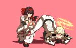  2girls blonde_hair blush bow bug centipede cosplay eyebrows_visible_through_hair flexible full_body girls_und_panzer girls_und_panzer_ribbon_no_musha gloves guilty_gear guilty_gear_xrd highres jack-o&#039;_challenge jack-o&#039;_valentine jack-o&#039;_valentine_(cosplay) long_hair looking_at_viewer matsukaze_rin meme mole mole_under_eye multiple_girls nogami_takeshi open_mouth ribbon short_hair spread_legs top-down_bottom-up tsuruki_shizuka wide_spread_legs 