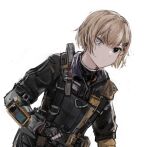  1girl bangs black_eyes commentary_request girls&#039;_frontline hair_ornament hairclip heterochromia highres light_brown_hair looking_at_viewer mg338_(girls&#039;_frontline) qiujiao short_hair solo tactical_clothes upper_body white_background white_eyes 