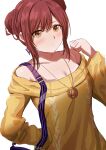  1girl absurdres bag bangs bare_shoulders breasts brown_eyes brown_hair brown_shirt collarbone double_bun eyebrows_visible_through_hair hair_between_eyes hand_up highres idolmaster idolmaster_shiny_colors long_sleeves looking_at_viewer misaki_nonaka off-shoulder_shirt off_shoulder oosaki_tenka shirt shoulder_bag sidelocks simple_background small_breasts solo white_background 