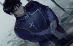  1boy adjusting_clothes adjusting_gloves aiguillette amestris_military_uniform black_eyes black_hair blue_jacket blurry blurry_background collared_jacket darkness dutch_angle epaulettes expressionless floor fog from_above fullmetal_alchemist gloves hands_up highres jacket looking_at_viewer looking_up magic_circle male_focus military military_uniform motion_lines muted_color outdoors parted_lips rain roy_mustang shiny shiny_hair spiked_hair standing stone_floor tsurime twitter_username uniform upper_body water_drop wet wet_hair white_gloves yuu_(kotobana_0418) 