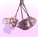  1girl bdsm blush bondage bound claws evelynn_(league_of_legends) hanging highres ilwha k/da_(league_of_legends) league_of_legends lipstick makeup open_clothes pink_background rope shibari skirt solo the_baddest_evelynn thighhighs yellow_eyes 