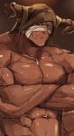  1boy abs bandaged_head bandages bara crossed_arms dark-skinned_male dark_skin draph granblue_fantasy highres large_pectorals looking_at_viewer male_focus muscular muscular_male navel nude one_eye_covered oyatu55k pectorals sauna solo stomach sweat towel towel_on_head upper_body vaseraga 