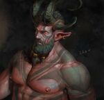  1boy abs bara beard chens_art colored_sclera colored_skin curled_horns earrings extra_horns facial_hair faux_traditional_media full-body_tattoo highres horns jewelry large_pectorals looking_at_viewer male_focus mature_male monster_boy muscular muscular_male nipples nude orc original pectorals pointy_ears realistic red_skin short_hair solo tattoo undercut upper_body yellow_sclera 