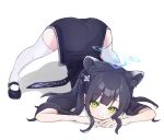  1girl animal_ears bangs black_dress black_footwear blue_archive blush child china_dress chinese_clothes dress eyebrows_visible_through_hair green_eyes halo highres jack-o&#039;_challenge long_hair looking_at_viewer mamekazu short_sleeves shun_(blue_archive) simple_background smile solo thighhighs top-down_bottom-up white_background white_legwear younger 