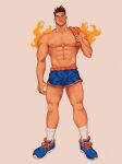  1boy abs alternate_costume bara beard blue_shorts boku_no_hero_academia endeavor_(boku_no_hero_academia) facial_hair fire highres holding holding_clothes holding_shirt large_pectorals looking_at_viewer male_focus mature_male muscular muscular_male navel nipples pectorals quissionart red_hair scar scar_across_eye shirt shirt_removed shirtless shoes short_hair short_shorts shorts sideburns simple_background socks solo spiked_hair sportswear standing stomach stubble thick_thighs thighs 