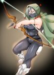  1girl absurdres adahcm armband arrow_(projectile) beros_(boku_no_hero_academia) bodysuit boku_no_hero_academia boots bow breasts brown_background cape fighting_stance full_body gradient gradient_background green_cape green_eyes green_hair hair_between_eyes highres hood large_breasts mask masked outstretched_arm quiver short_hair sideboob solo weapon white_legwear 