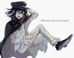  1boy :d absurdres bangs black_cape black_footwear black_hair black_headwear cape checkered checkered_scarf danganronpa_(series) danganronpa_v3:_killing_harmony fangs from_side grey_jacket grey_pants hair_between_eyes hand_up hat highres jacket long_sleeves male_focus open_mouth ouma_kokichi pants purple_eyes purple_footwear purple_hair scarf shoes short_hair simple_background smile solo straitjacket symbol-only_commentary tama_rick w white_background 