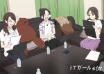  3girls ^^^ absurdres bangs bendy_straw black_hair black_pants bottle brown_eyes brown_hair clothes_writing computer couch curtains drinking_straw eyebrows_visible_through_hair hair_bun highres idolmaster idolmaster_shiny_colors indoors jacket kuroki_honoka laptop long_hair misaki_nonaka multiple_girls nose_bubble on_couch open_clothes open_jacket open_mouth pants pencil pillow purple_skirt shirt short_sleeves sitting skirt stuffed_animal stuffed_toy suzumoto_akiho sweat table teddy_bear translation_request voice_actor white_shirt yukimura_eri 