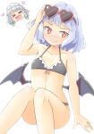  &gt;_&lt; 2girls arnest bare_arms bare_legs bare_shoulders bat_wings bikini black_bikini blush braid closed_mouth collarbone commentary_request eyewear_on_head heart heart-shaped_eyewear heart_in_mouth highres izayoi_sakuya maid_headdress multiple_girls purple_hair red_eyes remilia_scarlet short_hair silver_hair simple_background smile solo_focus sunglasses swimsuit touhou twin_braids white_background wings 