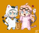  1boy 1girl :d animal_costume antenna_hair bangs blonde_hair blue_eyes cat_costume chibi commentary danganronpa_(series) danganronpa_v3:_killing_harmony dated fang goggles goggles_on_head green_eyes grey_hair hair_between_eyes hand_on_hip hand_up iruma_miu keebo long_hair mechanical_arms open_mouth orange_background paw_print pink_hair shiny shiny_hair short_hair signature simple_background skin_fang smile standing symbol-only_commentary tail translation_request v white_hair xian_(axxxx-721) 
