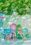  2girls agent_3_(splatoon) agent_8_(splatoon) bag bench bus_stop closed_eyes green_hair highres inkling leaning_on_person multiple_girls octoling pink_hair shade shirt shoes shopping_bag short_shorts shorts sitting sleeping sneakers splatoon_(series) splatoon_2 splatoon_2:_octo_expansion squidbeak_splatoon striped striped_shirt suaiocin tentacle_hair yuri 