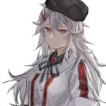  1girl black_headwear black_shirt bolo_tie collared_shirt commentary_request gepard_m1_(girls&#039;_frontline) girls&#039;_frontline hair_between_eyes hair_ornament hairclip hat highres jacket long_hair messy_hair qiujiao shirt solo upper_body white_background white_hair white_jacket yellow_eyes 